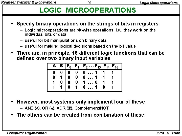 Register Transfer & -operations 29 Logic Microoperations LOGIC MICROOPERATIONS • Specify binary operations on