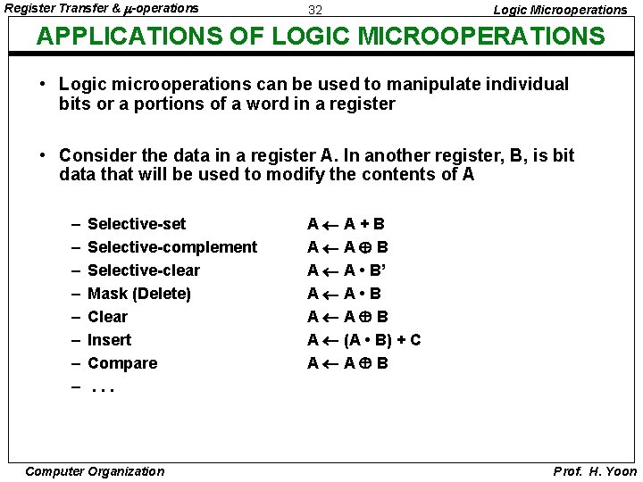 Register Transfer & -operations 32 Logic Microoperations APPLICATIONS OF LOGIC MICROOPERATIONS • Logic microoperations