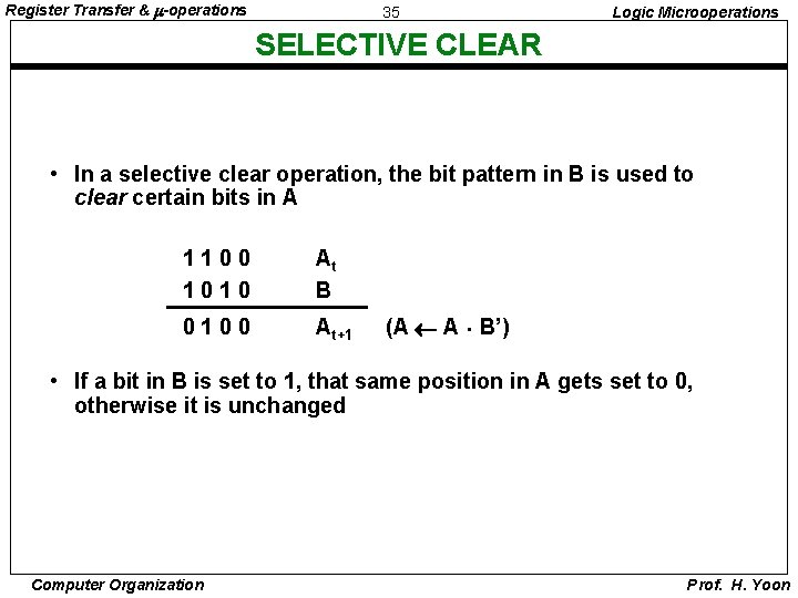Register Transfer & -operations 35 Logic Microoperations SELECTIVE CLEAR • In a selective clear