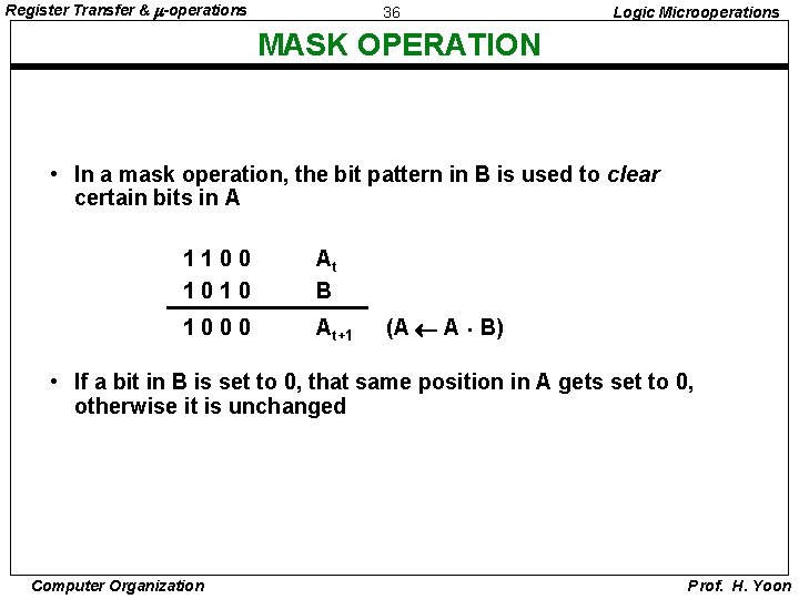 Register Transfer & -operations 36 Logic Microoperations MASK OPERATION • In a mask operation,