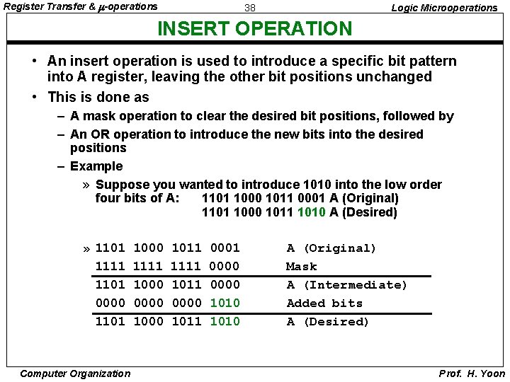 Register Transfer & -operations 38 Logic Microoperations INSERT OPERATION • An insert operation is