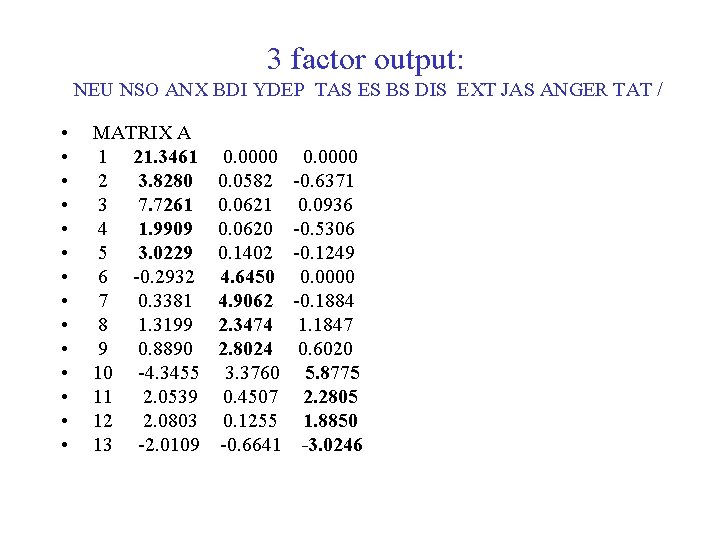 3 factor output: NEU NSO ANX BDI YDEP TAS ES BS DIS EXT JAS