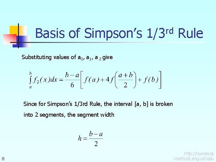Basis of Simpson’s 1/3 rd Rule Substituting values of a 0, a 1, a