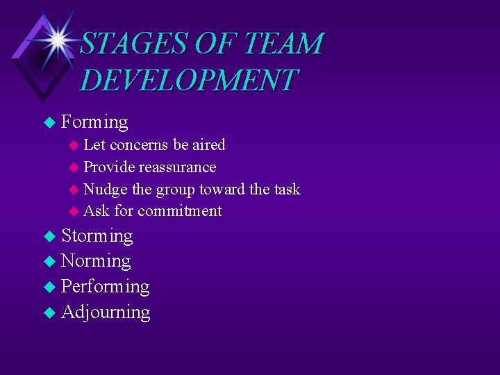 STAGES OF TEAM DEVELOPMENT u Forming u Let concerns be aired u Provide reassurance