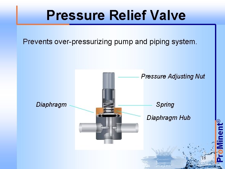 Pressure Relief Valve Prevents over-pressurizing pump and piping system. Pressure Adjusting Nut Spring Diaphragm