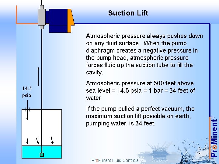 Suction Lift Atmospheric pressure always pushes down on any fluid surface. When the pump