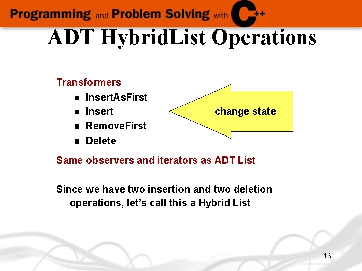 ADT Hybrid. List Operations Transformers n Insert. As. First n Insert n Remove. First