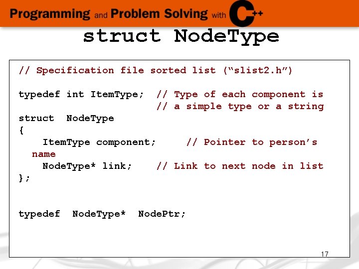 struct Node. Type // Specification file sorted list (“slist 2. h”) typedef int Item.