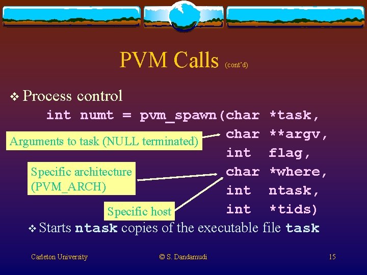 PVM Calls v Process (cont’d) control int numt = pvm_spawn(char *task, char **argv, Arguments PVM Calls v Process (cont’d) control int numt = pvm_spawn(char *task, char **argv, Arguments