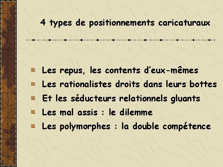 4 types de positionnements caricaturaux Les repus, les contents d’eux-mêmes Les rationalistes droits dans