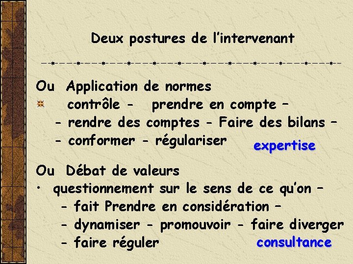 Deux postures de l’intervenant Ou Application de normes contrôle - prendre en compte –