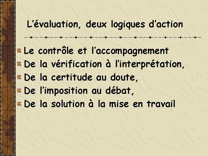 L’évaluation, deux logiques d’action Le contrôle et l’accompagnement De la vérification à l’interprétation, De