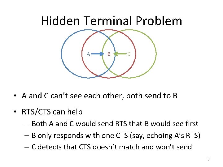 Hidden Terminal Problem A B C • A and C can’t see each other,