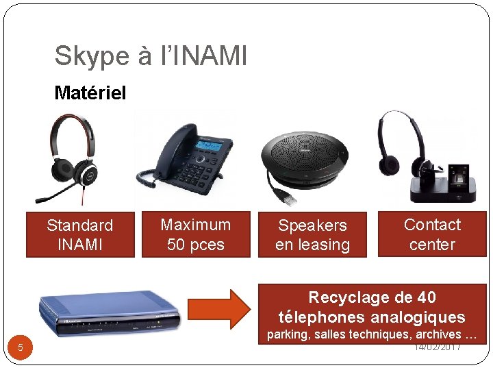 Skype à l’INAMI Matériel Standard INAMI Maximum 50 pces Speakers en leasing Contact center