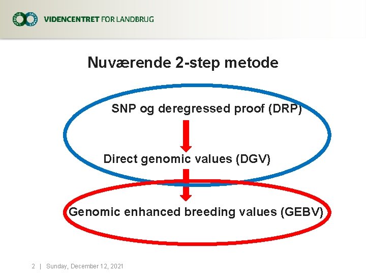 Nuværende 2 -step metode SNP og deregressed proof (DRP) Direct genomic values (DGV) Genomic
