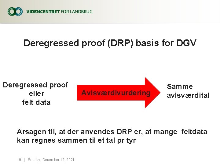 Deregressed proof (DRP) basis for DGV Deregressed proof eller felt data Avlsværdivurdering Samme avlsværdital