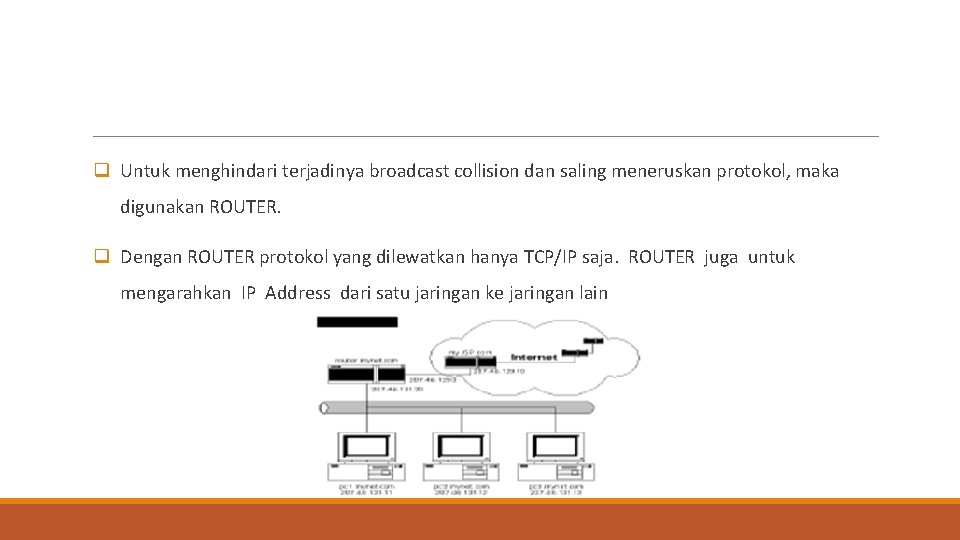 q Untuk menghindari terjadinya broadcast collision dan saling meneruskan protokol, maka digunakan ROUTER. q