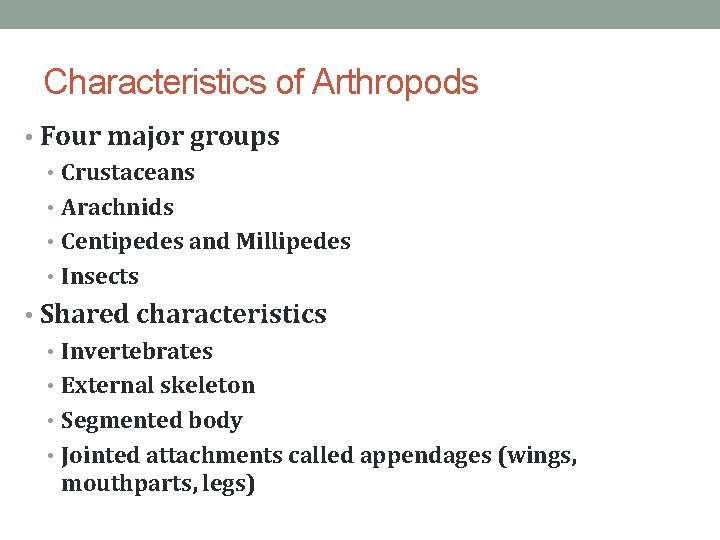 Characteristics of Arthropods • Four major groups • Crustaceans • Arachnids • Centipedes and