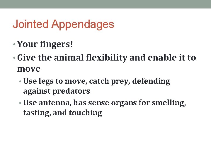 Jointed Appendages • Your fingers! • Give the animal flexibility and enable it to