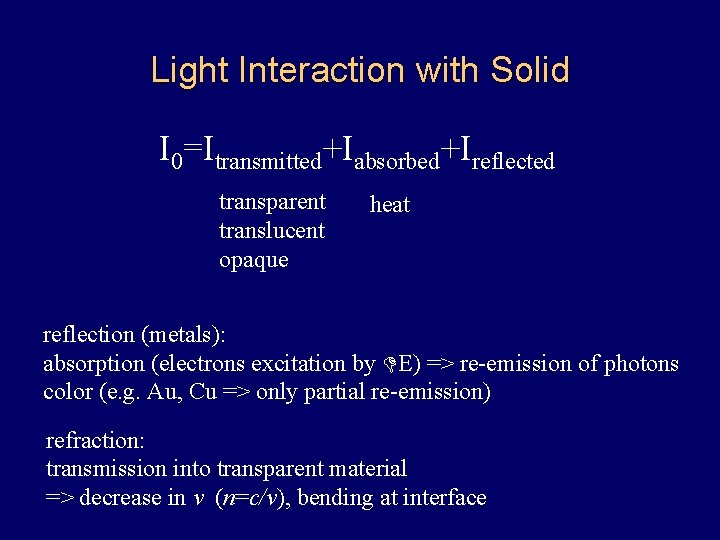 Light Interaction with Solid I 0=Itransmitted+Iabsorbed+Ireflected transparent translucent opaque heat reflection (metals): absorption (electrons