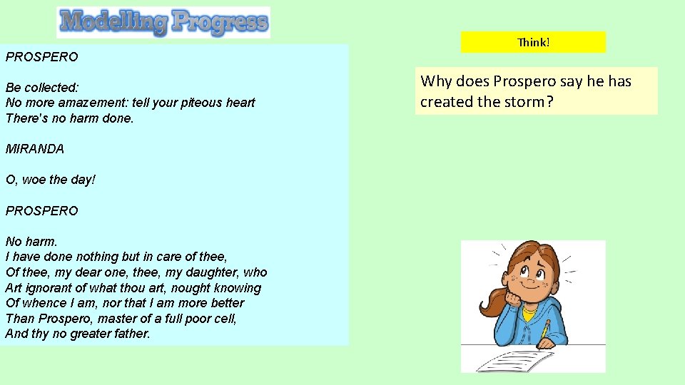PROSPERO Be collected: No more amazement: tell your piteous heart There's no harm done. PROSPERO Be collected: No more amazement: tell your piteous heart There's no harm done.
