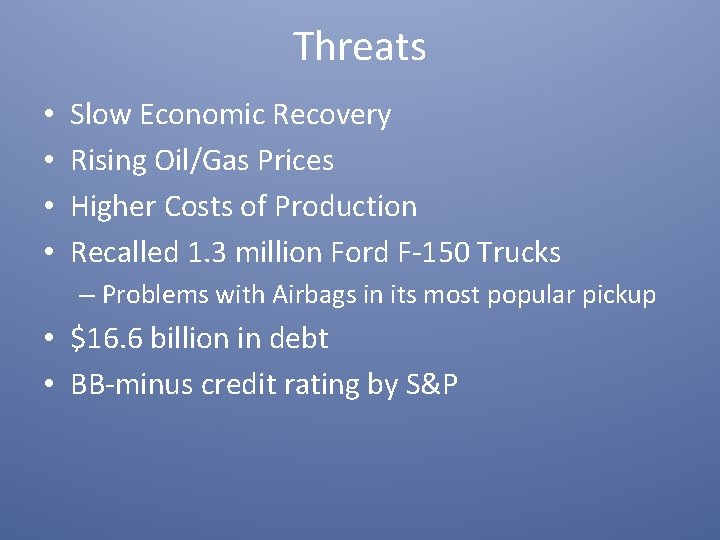 Threats • • Slow Economic Recovery Rising Oil/Gas Prices Higher Costs of Production Recalled