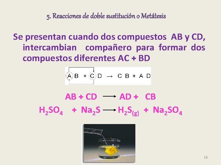 5. Reacciones de doble sustitución o Metátesis Se presentan cuando dos compuestos AB y