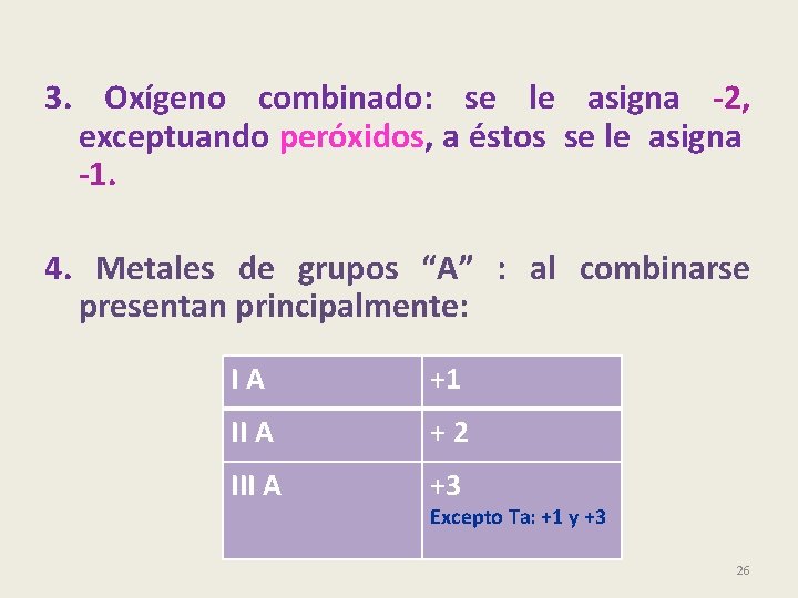 3. Oxígeno combinado: se le asigna -2, exceptuando peróxidos, a éstos se le asigna