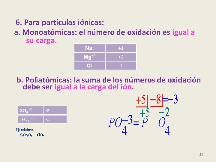 6. Para partículas iónicas: a. Monoatómicas: el número de oxidación es igual a su