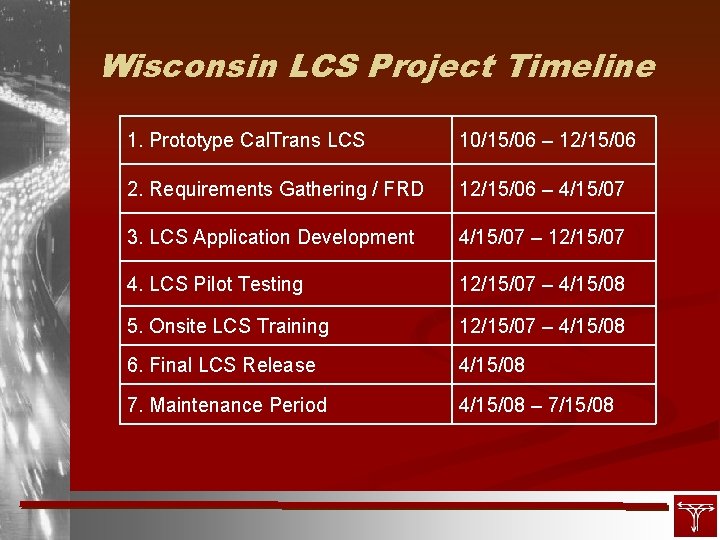 Wisconsin LCS Project Timeline 1. Prototype Cal. Trans LCS 10/15/06 – 12/15/06 2. Requirements