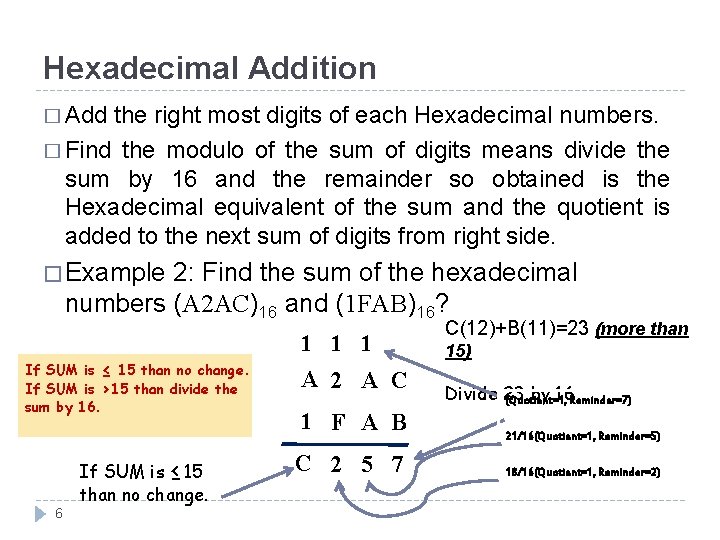 Hexadecimal Addition � Add the right most digits of each Hexadecimal numbers. � Find