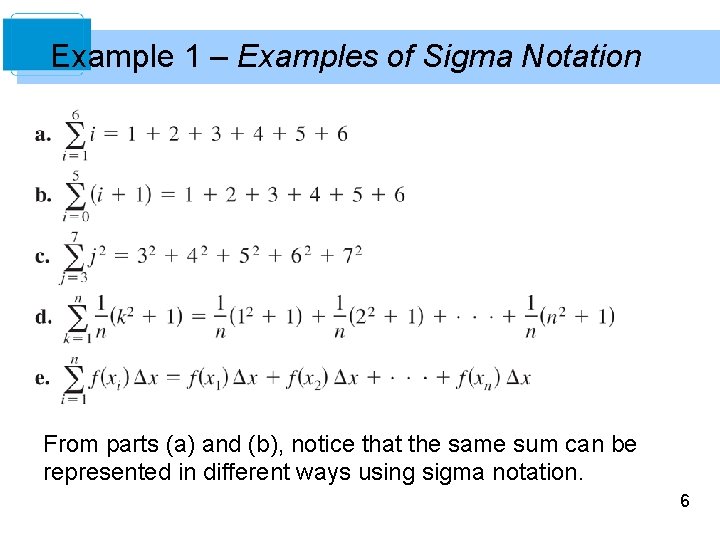 Example 1 – Examples of Sigma Notation From parts (a) and (b), notice that