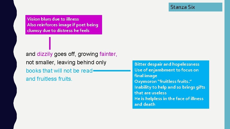 Stanza Six Vision blurs due to illness Also reinforces image if poet being clumsy