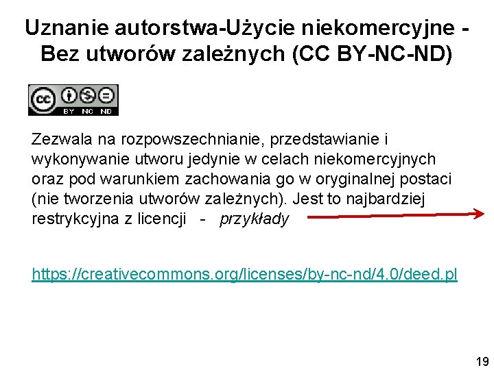 Uznanie autorstwa-Użycie niekomercyjne Bez utworów zależnych (CC BY-NC-ND) Zezwala na rozpowszechnianie, przedstawianie i wykonywanie Uznanie autorstwa-Użycie niekomercyjne Bez utworów zależnych (CC BY-NC-ND) Zezwala na rozpowszechnianie, przedstawianie i wykonywanie