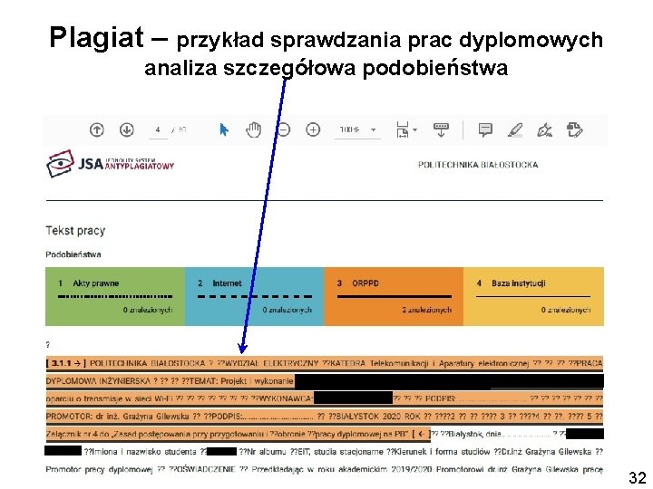 Plagiat – przykład sprawdzania prac dyplomowych analiza szczegółowa podobieństwa 32 