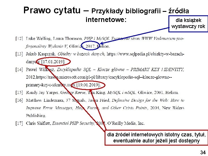 Prawo cytatu – Przykłady bibliografii – źródła internetowe: dla książek wystawczy rok dla źródeł