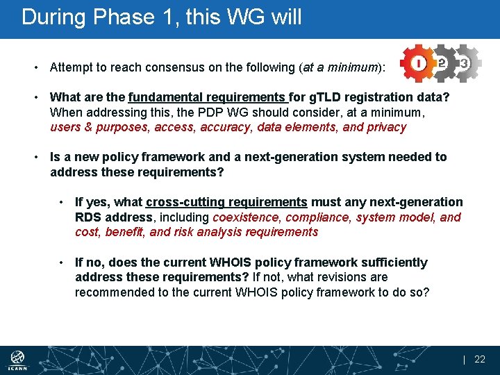 During Phase 1, this WG will • Attempt to reach consensus on the following