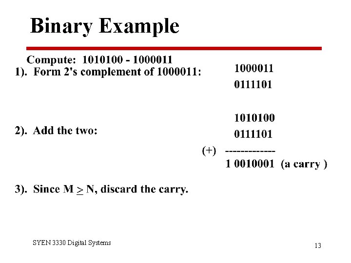 Binary Example SYEN 3330 Digital Systems 13 