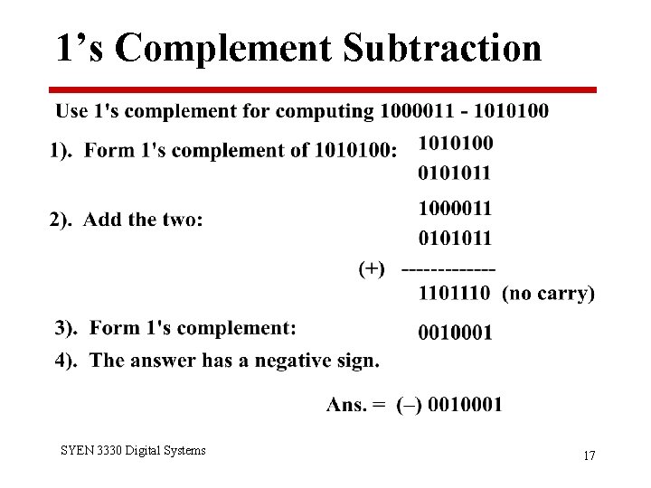 1’s Complement Subtraction SYEN 3330 Digital Systems 17 