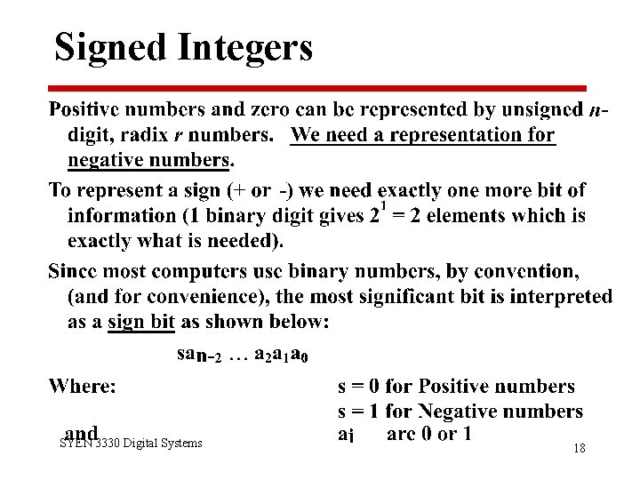 Signed Integers SYEN 3330 Digital Systems 18 
