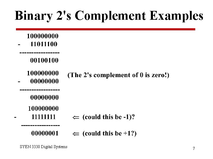 Binary 2's Complement Examples SYEN 3330 Digital Systems 7 