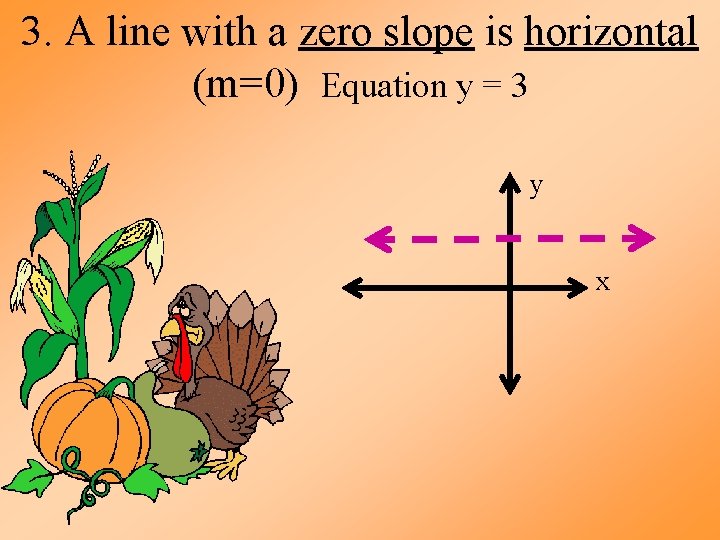 3. A line with a zero slope is horizontal (m=0) Equation y = 3