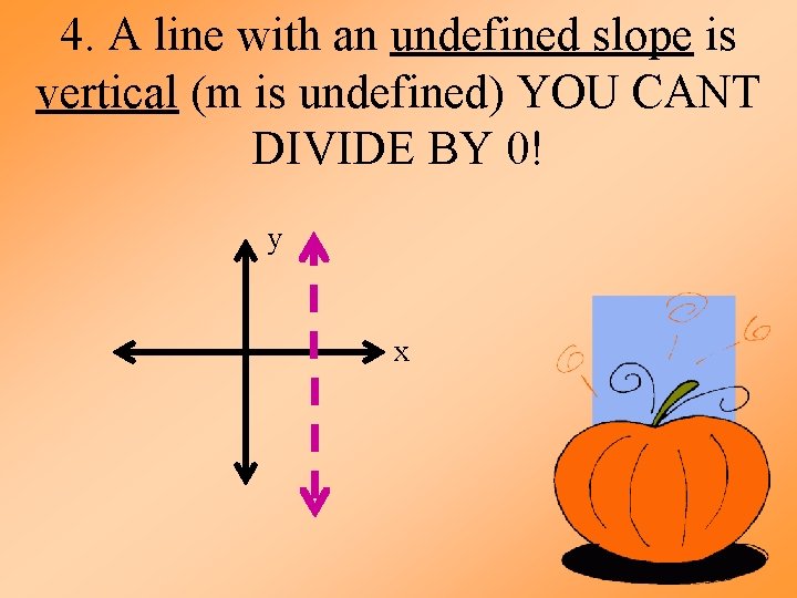 4. A line with an undefined slope is vertical (m is undefined) YOU CANT