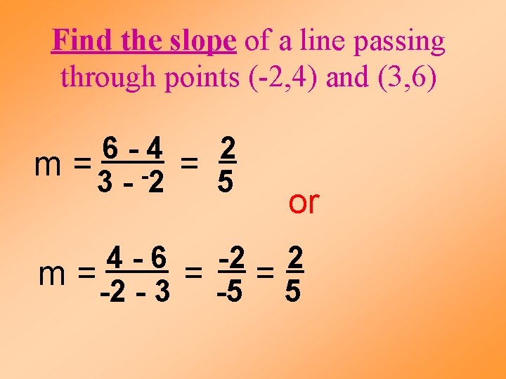 Find the slope of a line passing through points (-2, 4) and (3, 6)