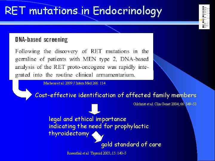 RET mutations in Endocrinology Machens et al. 2009 J Intern Med 266: 114 Cost-effective