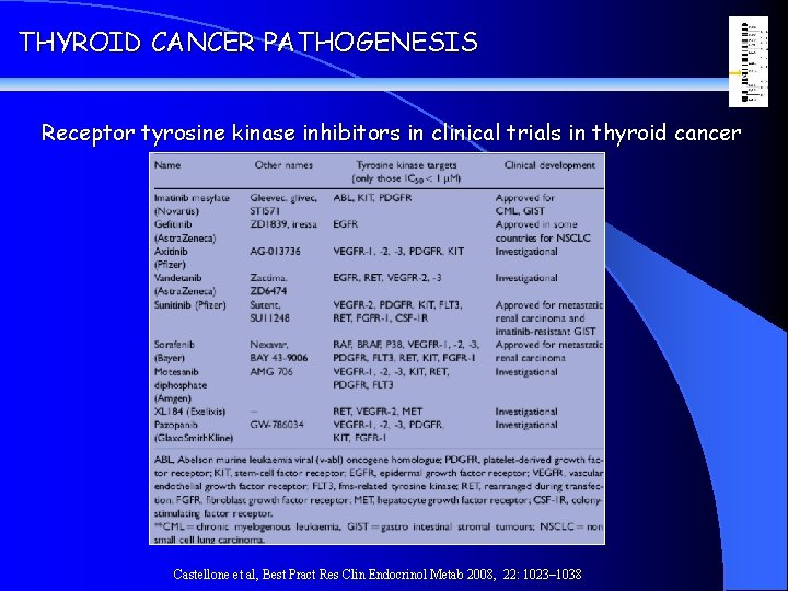 THYROID CANCER PATHOGENESIS Receptor tyrosine kinase inhibitors in clinical trials in thyroid cancer Castellone