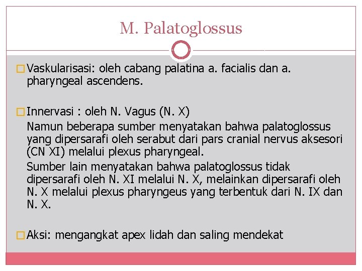 M. Palatoglossus � Vaskularisasi: oleh cabang palatina a. facialis dan a. pharyngeal ascendens. �