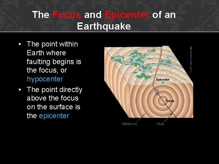 The Focus and Epicenter of an Earthquake • The point within Earth where faulting