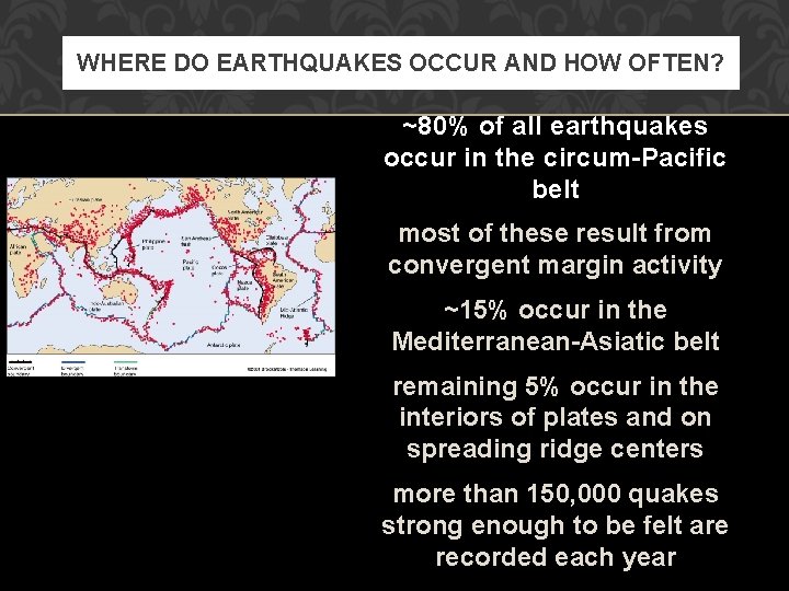 WHERE DO EARTHQUAKES OCCUR AND HOW OFTEN? ~80% of all earthquakes occur in the