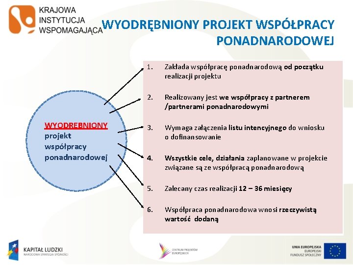 WYODRĘBNIONY PROJEKT WSPÓŁPRACY PONADNARODOWEJ WYODRĘBNIONY projekt współpracy ponadnarodowej 1. Zakłada współpracę ponadnarodową od początku